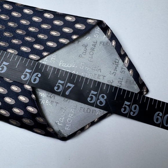 Paul Smith Tie Silk Made in England Navy Blue Metallic Champagne Oval Geometric - Picture 7 of 11